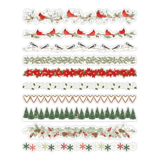 10 Seasonal Sightings Laser Cut Borders with winter and Christmas icons like snowflakes, poinsettias, candy cane hearts, cardinals and trees. 