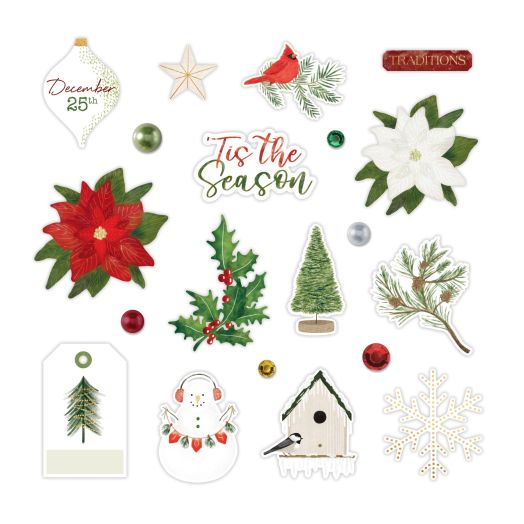 Select Seasonal Sightings Foiled Embellishments. Includes winter and Christmas icons like poinsettias, cardinals, pine trees, snowflakes, holly, a snowman and the sayings December 25th, Tis the Season and Traditions. 