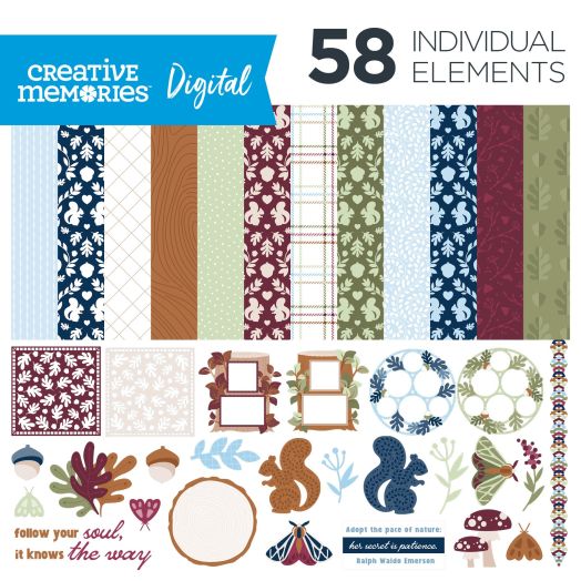 Representation of the Digital Artwork papers and elements in the Croptoberfest Kit. Title says Creative Memories Digital: 58 Digital Elements.