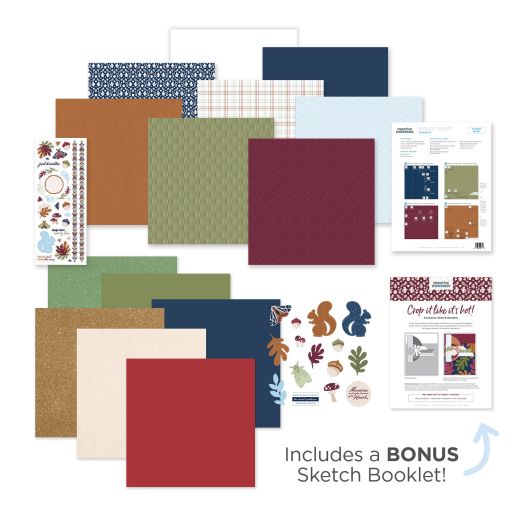 Croptoberfest 2022 Essential Customer Bundle. Includes Project Recipe Kit, Cardstock Sampler Pack, Foiled Embellishments and a callout: Includes a bonus sketch booklet.