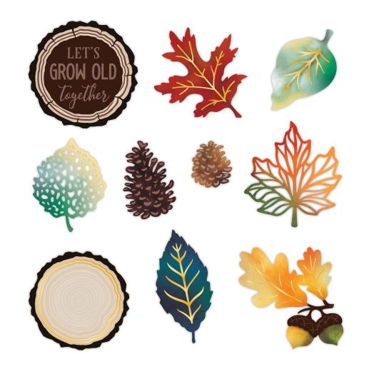 Select Golden Harvest Laser Cut Foiled Embellishments. Includes fall icons like pinecones, leaves, acorns, chopped logs and the saying Let’s grow old together.