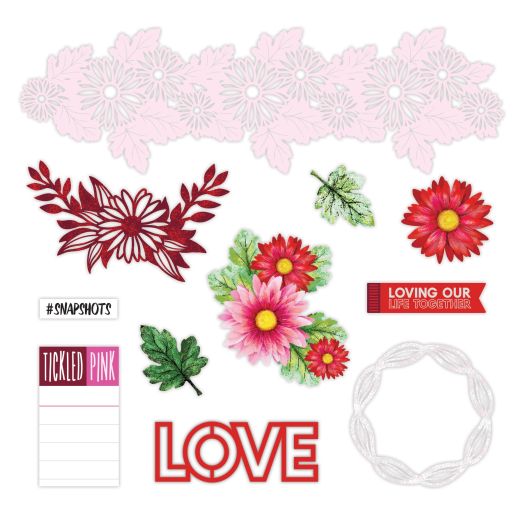 Red and pink die-cut and laser-cut flowers and wreaths, plus titles: Love, Snapshots, Tickled Pink