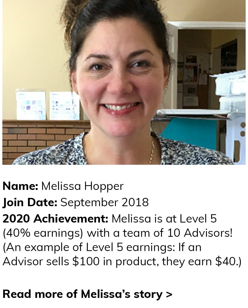 Melissa Hopper Success Story. Join date: September 2018. 2020 Achievement: Melissa is at Level 5 (40% earnings) with a team of 10 Advisors! (An example of Level 5 earnings: If an Advisor sells $100 in product, they earn $40. Click here to read more of Melissa's story.
